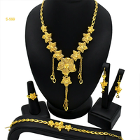 Ensemble de bijoux de mariage africain 4 pièces : collier, boucles d'oreilles, bague, bracelet, fleur à pompon, plaqué or 24 carats, grandes parures