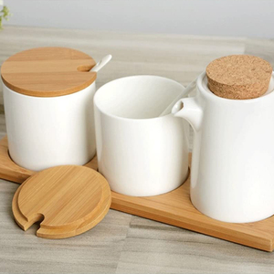 Ensemble de pots d'assaisonnement en céramique, bouteille de vinaigre, Condiment salière boîte d'assaisonnement avec couvercle en bois - Product Image 5