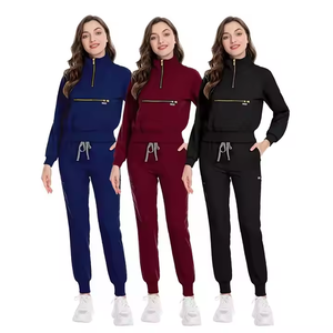 OEM Fermeture Éclair Style Unisexe Infirmière Ensemble Solide Couleurs Gommage Veste Court Jogger Pantalon <span class=keywords><strong>Nouveau</strong></span> Travail-Porter Manteau Scrubs Robe Médecins Patients - Product Image 1