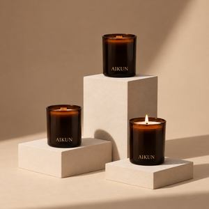 Bougie parfumée Aikun en verre ambré avec mèche en bois, dans un bocal uniforme, pour hôtels, avec marquage minimal, récipient décoratif, commande en gros - Product Image 1
