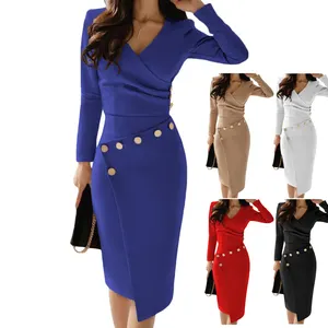 New Arrival Button Long Sleeve Detail Midi Dress Women