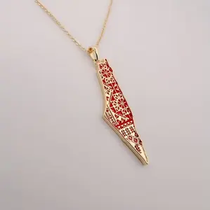 Wholesale Hot Style Palestine Necklace Map In Cross Stitch Pattern 18k Gold Plated Stainless Steel Necklace Waterproof Jewelry