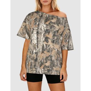 FOXA Women Off Shoulder Camo T Shirt Short Sleeve Oversized Boat Neck <b>Top</b> Summer Breathable Jersey Print - Product Image 2