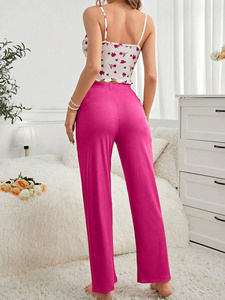 Conjunto de Pijama de Dos Piezas para Mujer, Chaleco Sin Mangas de Satén con Cintura Elástica Transpirable, Pantalones con Tirantes Estampados, Ropa de Estar en Casa - Product Image 6