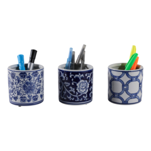 Organizer da Scrivania Cilindrico in Ceramica, Design Floreale Tradizionale Blu e Bianco, Contenitore Decorativo per Casa e Ufficio - Product Image 2