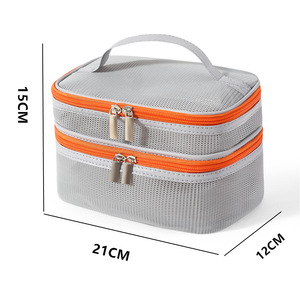 Neceser de viaje minimalista, organizador de maquillaje portátil de gran capacidad, de doble capa, de malla con bloques de color, para uso en el baño del hogar - Product Image 5