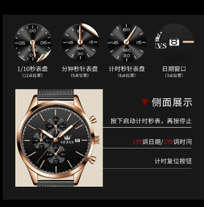 นาฬิกาควอตซ์ผู้ชาย ดีไซน์สายตาข่าย OEM ODM กันน้ำ ฟังก์ชั่นหลากหลาย โครโนกราฟ เรืองแสง แฟชั่นคลาสสิก บางเฉียบ พร้อมปฏิทิน - Product Image 6