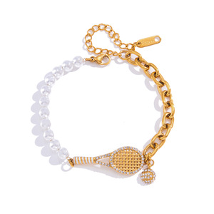 Elegant Tennis Racket <b>Charm</b> <b>Bracelet</b> Gold Chain Pearl <b>Beads</b> Party Jewelry Women's Fashion Accessory - Product Image 5