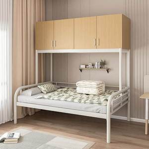 Space Saving Loft <b>Bed</b> with Wooden Storage Cabinet Sturdy Metal <b>Single</b> <b>Bed</b> Frame with Clothes Hanger Rod for Dormitory - Product Image 2