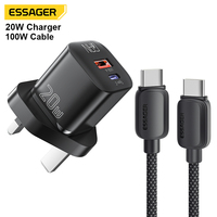 Chargeur Rapide Essager EU UK pour Téléphone Mobile PD 20W Type C et Câble de Charge Rapide Type USB C 100W pour Iphone Samsung