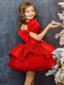 Nouvelle Robe d'Été Princesse <span class=keywords><strong>Rouge</strong></span> à Paillettes et Motif Floral pour Enfants, Taille Petite à Moyenne, Style Doux avec Nœud pour Noël - Product Image 4