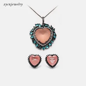 Wholesale Fashion Crystals CZ Fusion stone Heart Necklace Stud Earrings Jewelry sets