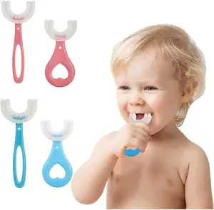 แปรงสีฟันซิลิโคนรูปตัวยูสำหรับเด็กดีไซน์ทำความสะอาดช่องปากระดับ360องศาสีชมพูสีฟ้าสำหรับเด็ก