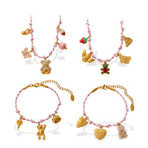 Conjunto de collar con dijes de cuerda rosa y colgante de oso, mariposa y corazón para mujer, regalo, joyería de moda - Product Image 5