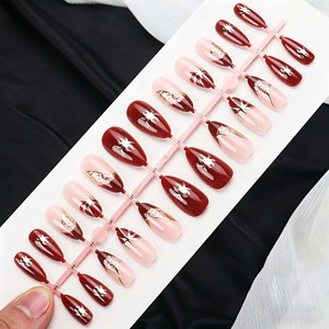 Ongles à presser en ABS <span class=keywords><strong>de</strong></span> luxe rouges pailletés style French Manucure, <span class=keywords><strong>faux</strong></span> ongles nude amande avec motifs dorés, réutilisables, 24 pièces - Product Image 3