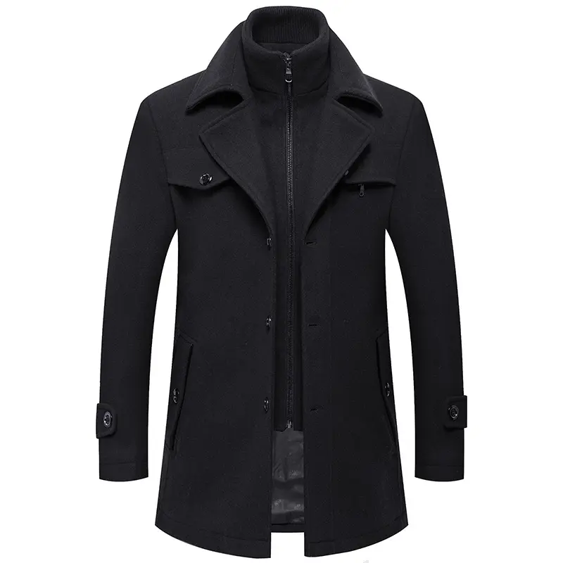 New Men Wool Blends Coats Autumn Winter Solid Color Custom Men Woolen Overcoat Double Collar Casual Trench Coat