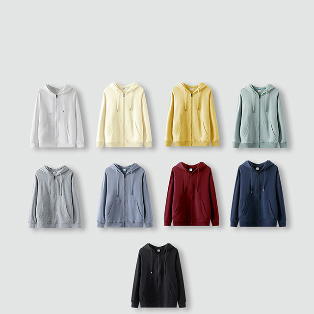 Spring Autumn High-End Streetwear Zip Hoodie Custom Logo 100% Cotton Solid Color Zip-Up Hooded Jacket