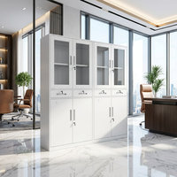 Armoire de bureau multifonctionnelle blanche avec vitrine en verre, tiroirs privés et grands compartiments d'archives