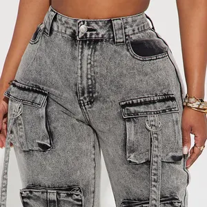 Custom Trendy Jeans High Street Mujeres Pantalones de mezclilla de carga con múltiples bolsillos Lavado Casual Jeans de pierna ancha de mezclilla de carga para las mujeres