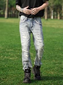 Jeans de mezclilla para hombre con bolsillos traseros bordados de costuras resistentes, corte recto de cintura media, estilo moderno - Product Image 3