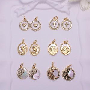 Pendentif rond plaqué or avec zircon, croix, cœur, lune, étoiles, yin yang, Vierge Marie, charme religieux pour collier de bijoux DIY - Product Image 5