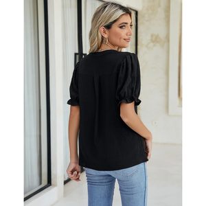 Blusa negra para mujer, manga corta, manga abullonada, cuello en V, top de gasa, ropa informal para el día a día - Product Image 4