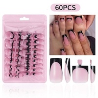60 faux ongles carrés courts roses à presser, style French Tip, pour pieds et mains, couverture complète, pré-dessinés, pour femmes