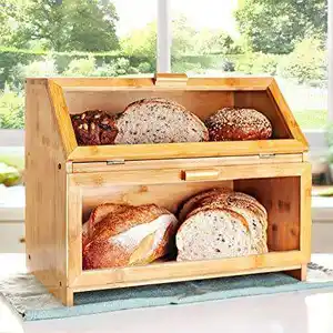 Custom Logo Kitchen Accessories Wooden Bamboo Bread Box Double Layer Breadbox Bread Bin Storage Set with Clear Windows