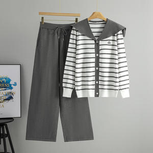 Completo Casual da <span class=keywords><strong>Donna</strong></span> in Stile Europeo-Americano, Cardigan a Maniche Lunghe e <span class=keywords><strong>Pantaloni</strong></span> Larghi in <span class=keywords><strong>Viscosa</strong></span> e Poliestere - Product Image 3