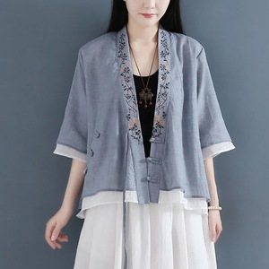 Women's Chinese Style Cotton Cardigan Light Green Embroidery Mid Sleeve Traditional Clothing - Product Image 4