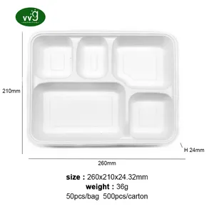 VVG Disposable School Lunch Tray Eco Friendly Bio Degradable White Sugarcane Bagasse 5 Compartment Disposable Plate