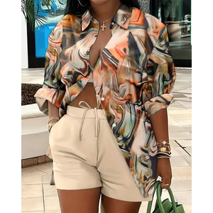 New Most Popular Fashion Printed Temperament Women's Long Sleeve Button Turn-down Collar Knitted <b>Blouse</b> Shorts Casual Set - Product Image 6