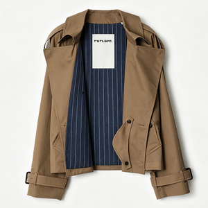 Veste trench courte en gabardine pour homme, double boutonnage, col montant, avec <span class=keywords><strong>épaulette</strong></span>s et doublure contrastante à rayures fines - Product Image 4