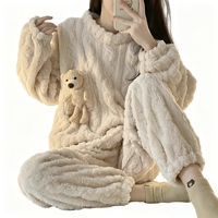 Ensemble de pyjama en polaire épais pour femmes, vêtements de détente chauds et douillets avec un ours en peluche en cadeau, ensemble de pyjama personnalisé avec logo, pyjama pour femmes