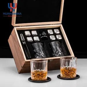 Refroidissement du Whisky, glaçons en acier inoxydable Recyclable, coffret en bois, pierres à Whisky en métal, ensemble cadeau avec verres à Whisky