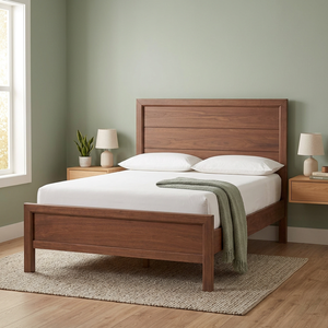 Transitional Teak <b>Framed</b> Platform <b>Bed</b> 1 Piece King <b>Size</b> Bedframe Luxury - Product Image 1