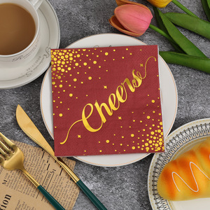 Red Square Paper Napkins 250mm Gold Embossed Cheers Design For Wedding Party Holiday Use - Product Image 3