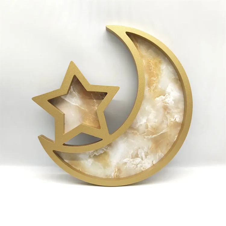 Golden Moon & Star Shaped Ornament with Marble Design Ramadan Decorations for Table Desktop Multipurpose Wooden Craft H0928