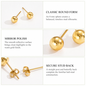 Boucles d'oreilles à clous en or 14 carats plaqué sous vide, 8 mm, boucles d'oreilles rondes classiques en acier inoxydable poli - Product Image 4