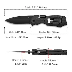 Cuchillo plegable multifunción para acampada, hoja de acero 3cr13, con cortador de cuerda y herramienta de destornillador