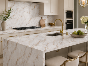 UNION STONE Calacatta Golden Cloud, Losa Grande de Cuarzo Artificial Impreso, Ecológica, Impermeable, Diseño Moderno para Paredes y Pisos de Cocina - Product Image 2