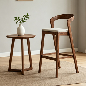 Modern Wooden Cafe Shop Leather Cushion High Kitchen Restaurant Wooden bar Counter <strong>Stools</strong> Dining Chair <strong>Set</strong> - Product Image 5