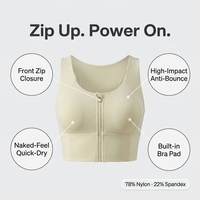 Raitis BR007 Nouveau soutien-gorge de yoga pour femme à maintien élevé, fermeture éclair frontale, en Spandex/Nylon, col en U, résistant aux chocs, rehausseur, sensation seconde peau, séchage rapide