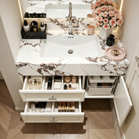 Ensembles de meubles-lavabos de salle de bain de luxe en marbre, meubles-lavabos en bois avec miroir LED encadré et vasque intégrée, OEM ODM personnalisé