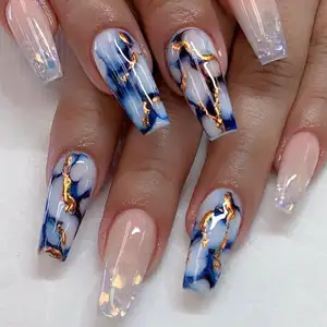 Blue Marble Gradient Long Coffin False Nails Detachable Wearable Gold Foil Ballerina FakeNails Full Cover Press on Nail Tips Gel