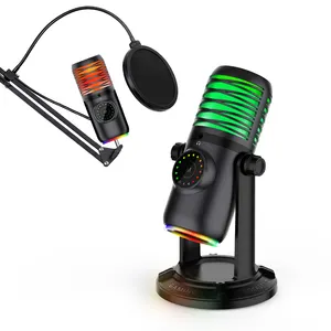 Mikrofon Kondensor Live Streaming Terbaru, Mikrofon Desktop LED untuk Game, Peralatan Podcast, Mikrofon Studio Rekaman USB, Mikrofon 24bit 192Khz