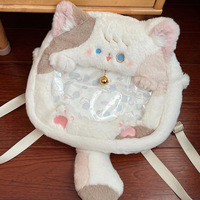 Sac à dos en peluche de coton motif chat de dessin animé avec sac à collation transparent 2D de petite capacité, style japonais JK, design mignon pour fille
