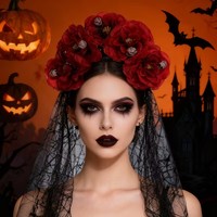 Serre-tête voile en filet pour le Jour des Morts mexicain avec crâne gothique et couronne de roses artificielles
