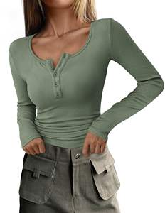 Camisetas de manga larga para mujer, camisetas de manga larga de otoño 2025 para mujer, Camisetas básicas informales ajustadas de punto acanalado con botones, blusa - Product Image 4