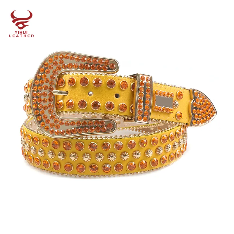 Famous brands removable buckle bling pearl crystal studded belt western cowboy yellow rhinestone belts bb simon